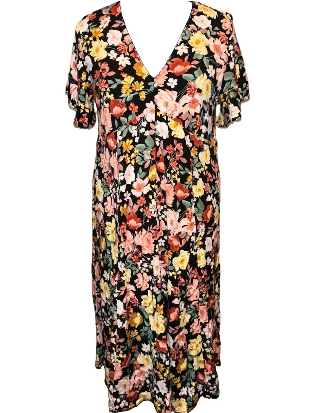 torrid Black Floral V-Neck Midi Dress with Pink, Yellow and Green Accents